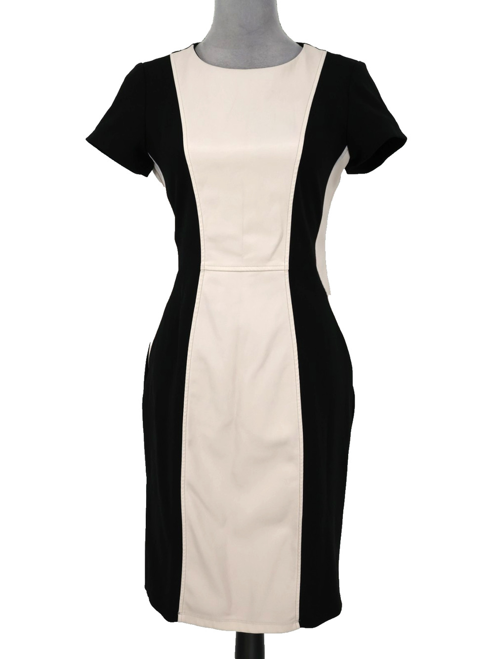 Shelby and Palmer Dress Womens 6 Black Ivory Stretch Knit Faux Leather Sheath